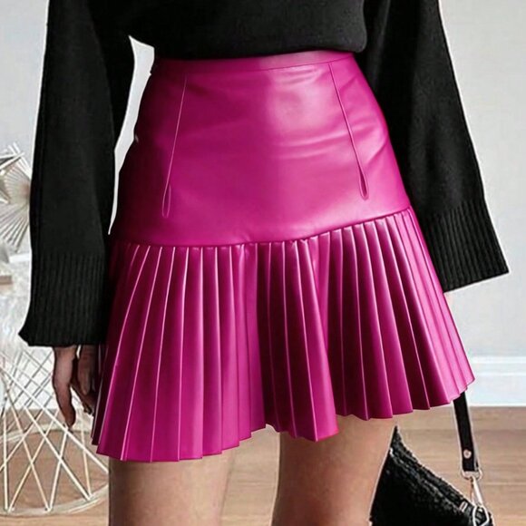MODA ME COUTURE Dresses & Skirts - Trendy Women's Hot Pink faux leather Pleated A-Line Mini Skirt